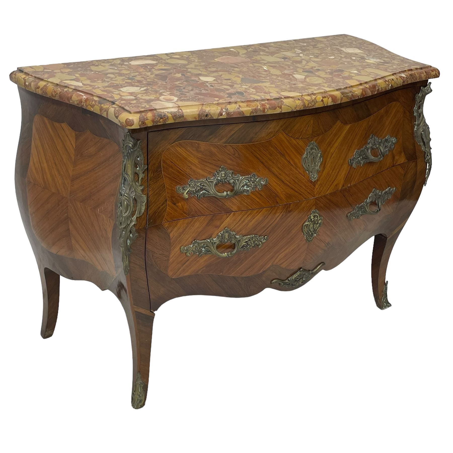 Late 20th century Louis XV design Kingwood and rosewood bombe commode chest, shaped ovolo-moulded variegated marble top, fitted with two drawers, scrolling foliate cast gilt metal handles and mounts