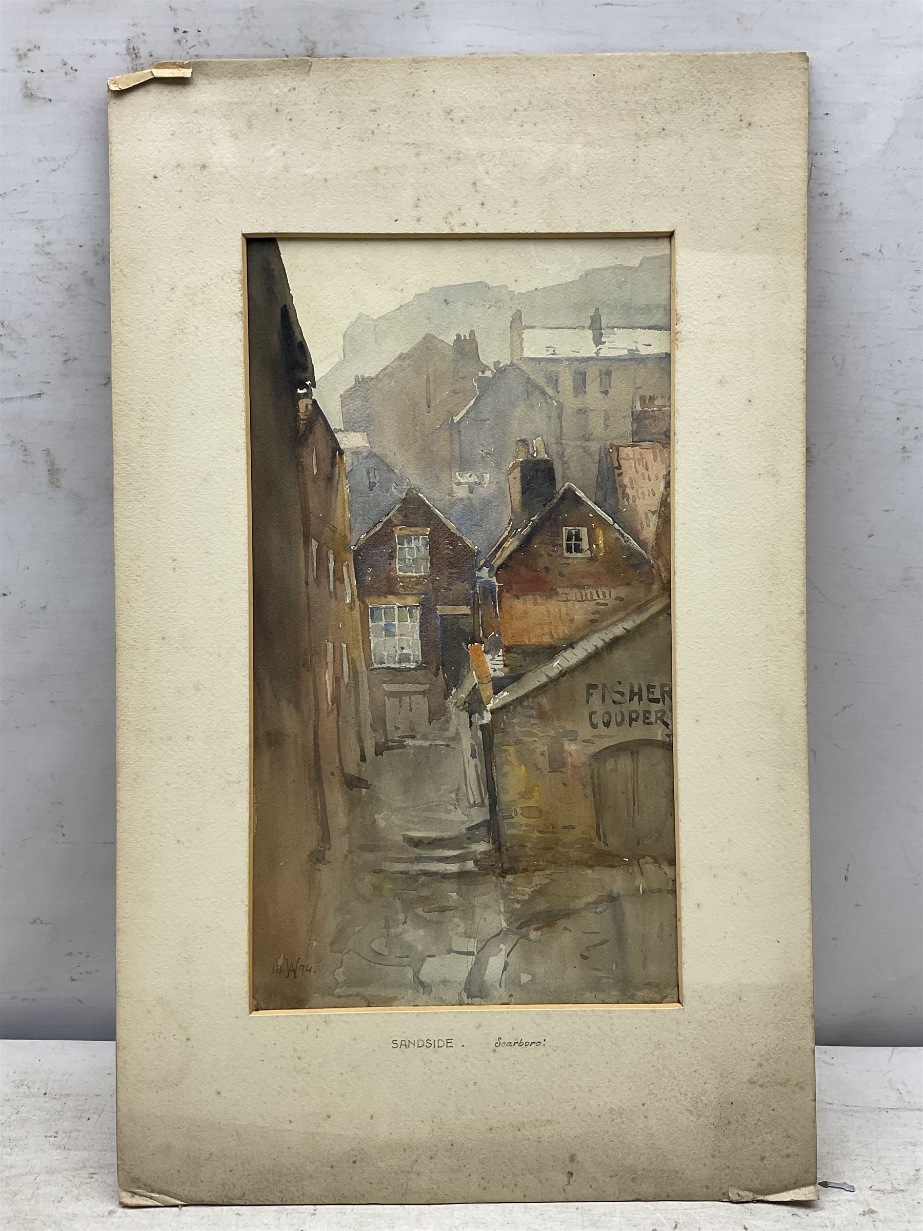 Charles William Adderton (British 1866-1944): 'Sandside Scarborough', watercolour signed with monogram and dated 1894, 36cm x 20cm (unframed)
Provenance: direct from the family of the artist Harry Wanless 1872-1934, part of a collection never previously seen on the market
Notes: Adderton was a friend of the brothers Harry and Charles Wanless, all of whom studied under Albert Strange at the Scarborough School of Art School. Adderton had a studio at 55 Sandside, Scarborough between 1894 and 1901, he moved to Ockbrook Derby and later to Robin Hoods Bay where he was a member of the Fylingdales Group of Artists