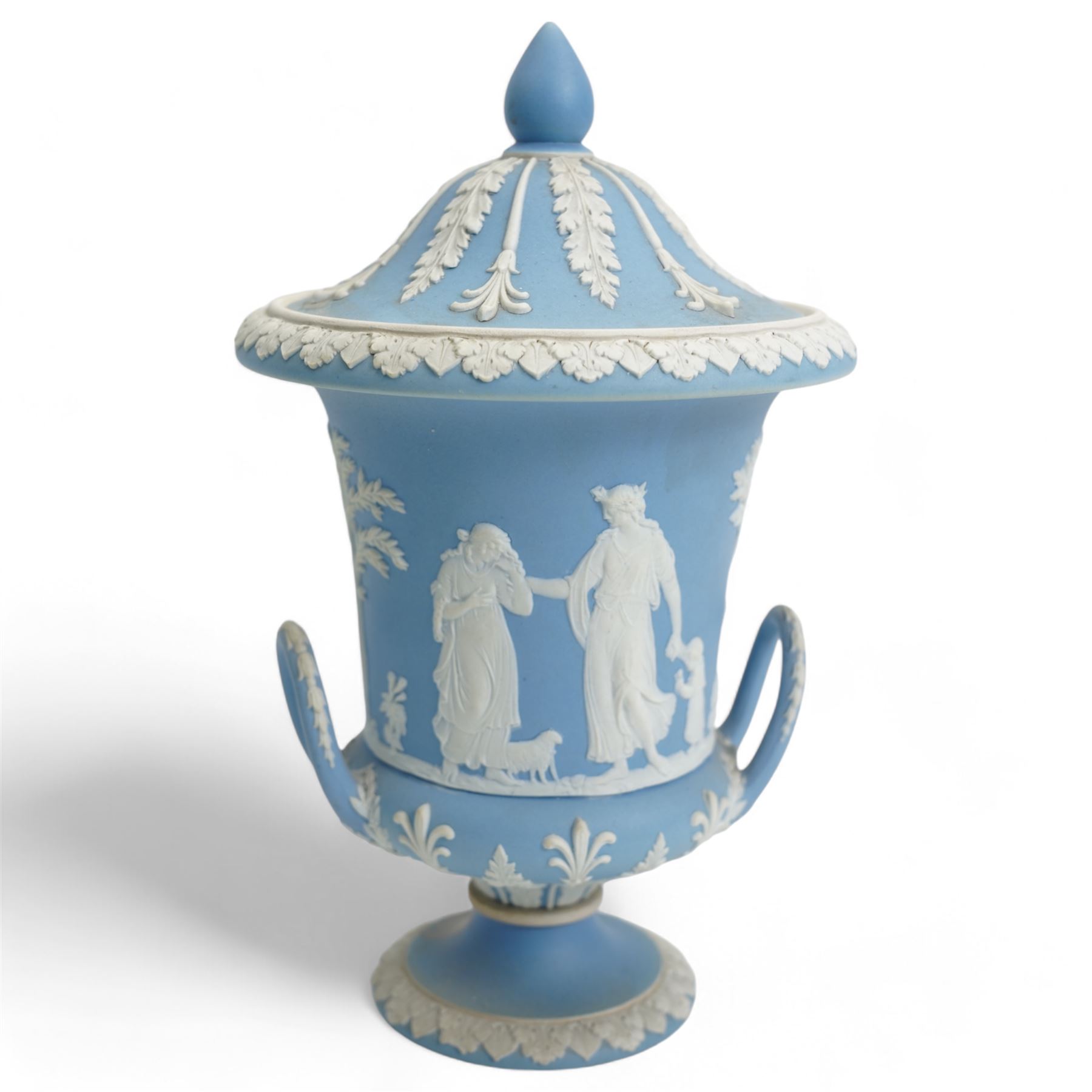 Group of five late 19th and early 20th century Wedgwood blue jasperware urn vases, H28cm and smaller (5)