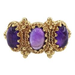 9ct gold three stone cabochon amethyst ring, hallmarked