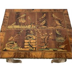 In the manner of Émile Gallé - late 19th to early 20th century inlaid walnut side table, rectangular top inlaid with Japonisme decoration depicting birds within trees, figured crossbanding and cast gilt foliate applied edge, single frieze drawer inlaid with scrolling brass work, on cabriole supports with ornate floral mounts