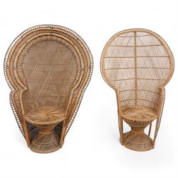 Large wicker peacock chair (W117cm, H155cm); and a similar smaller peacock chair (W91cm, H148cm)