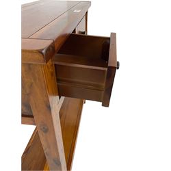 Hardwood side or hall table, rectangular top over two drawers, on square supports joined by undertier 