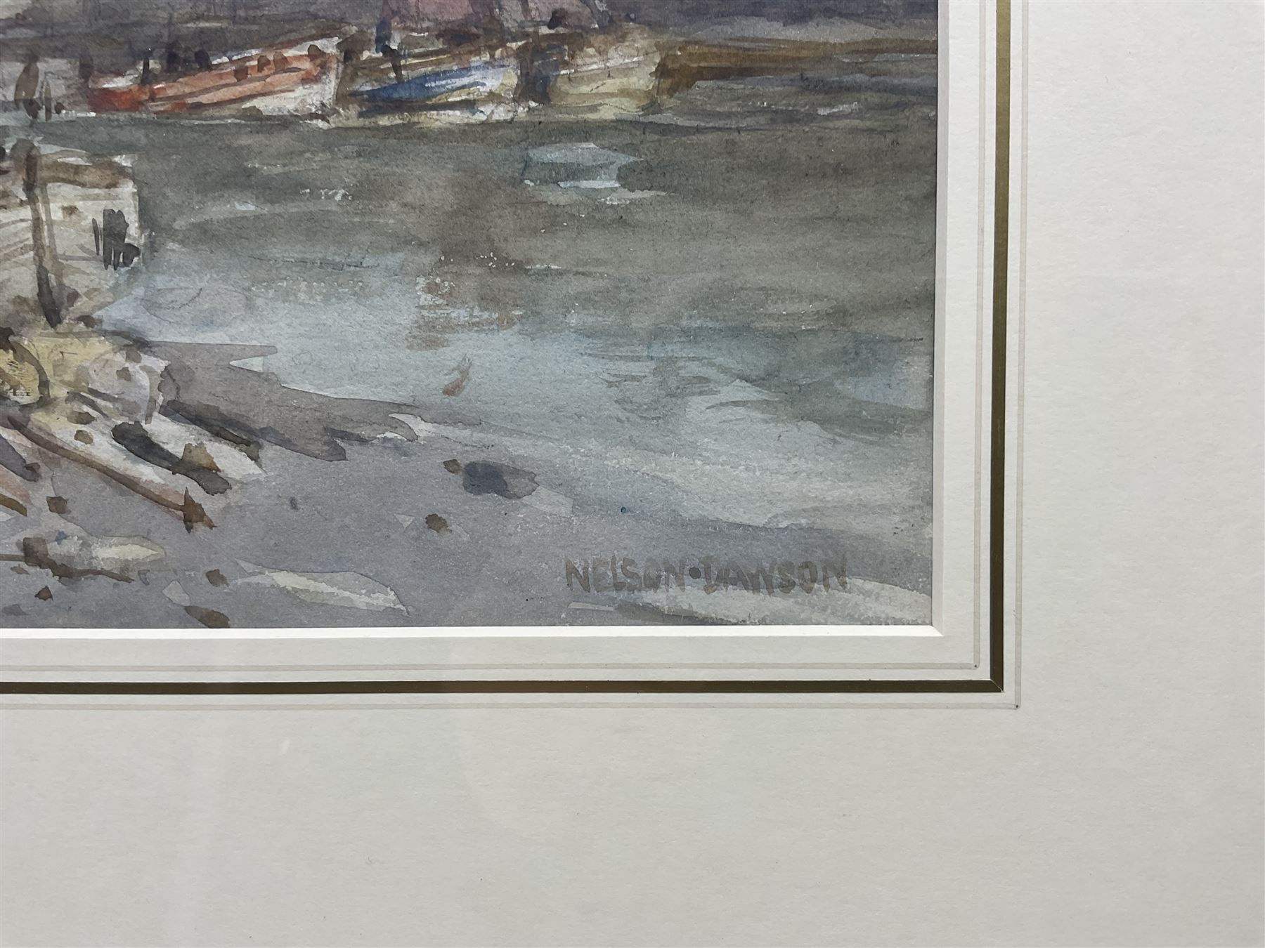 Nelson Ethelred Dawson (British 1860-1941): Fishing Boats at Low Tide Robin Hoods Bay, watercolour signed 21.5cm x 25.5cm