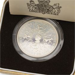 Five The Royal Mint United Kingdom silver proof coins, comprising 1977 ' Silver Jubilee' crown, 1980 'Her Majesty Queen Elizabeth The Queen Mother 80th Birthday' crown, 1981 'Commemorating the Marriage of His Royal Highness The Prince of Wales and Lady Diana Spencer' crown, 1997 'Golden Wedding' five pounds and 2000 'Millennium' five pounds, all cased with certificates