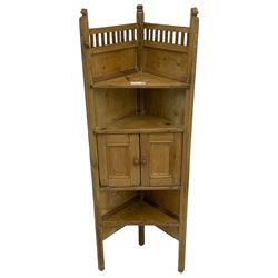19th century stripped pine corner stand, fitted with double cupboard and shelves