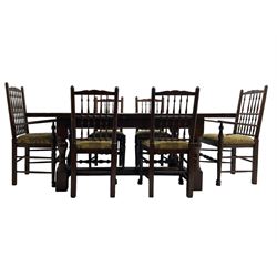 Oak refectory dining table, rectangular cleated top on turned supports joined by H-stretcher; together with set of six (4+2) oak spindle back dining chairs, with upholstered drop-on seat cushions, turned supports joined by turned stretchers