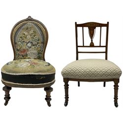 Early 20th century mahogany side chair, detailed marquetry frame, backrest with central urn motif and scrollwork inlay, arched crest rail with floral designs, cream and gold patterned fabric seat, turned front legs with brass castors (H78cm); Victorian walnut nursing chair, carved crest rail, floral needlepoint tapestry upholstery, turned front legs with ceramic castors (H81cm)