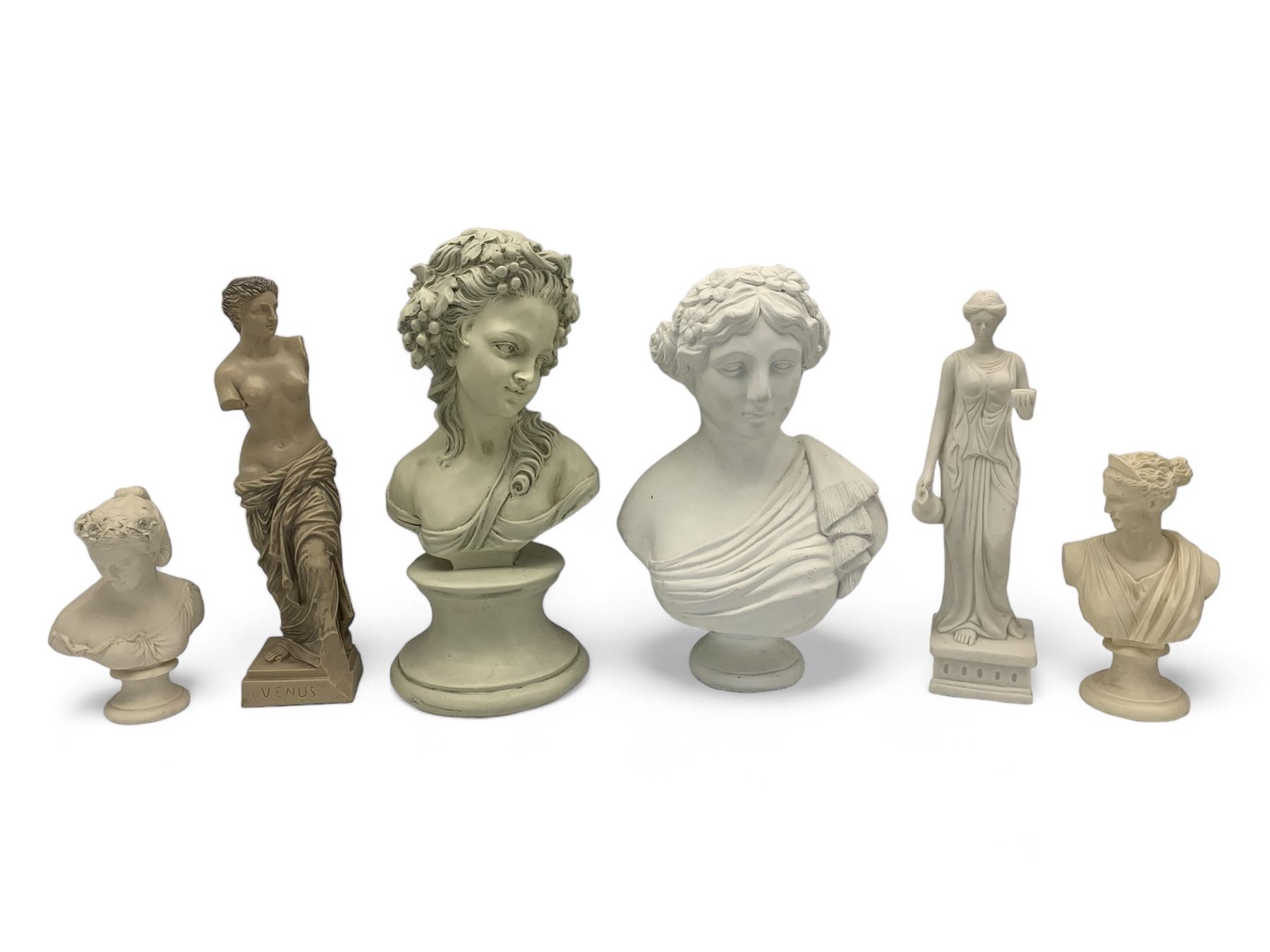 Parian ware model of a female bust on socle plinth, H20cm, resin model of 'Venus', together with other resin and composite classical figures and busts, H42cm max (6)