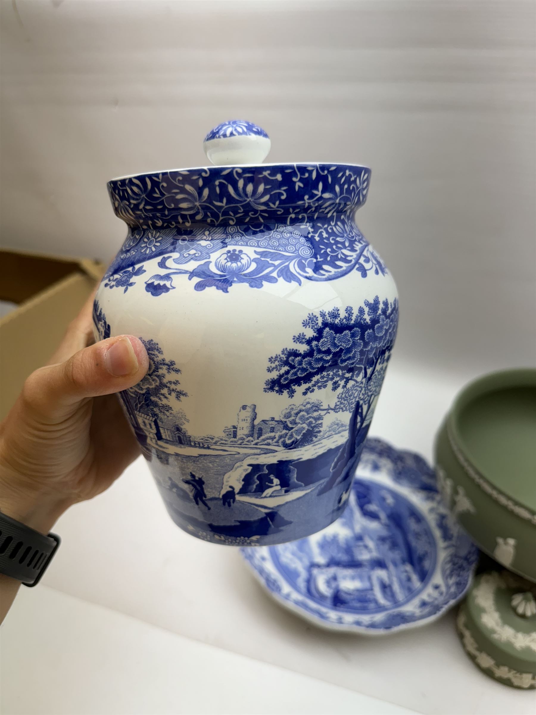 Wedgwood Jasperware stepped bowl, together with covered trinket box, vase and trinket dish, together with two Spode Italian pattern jars and dish