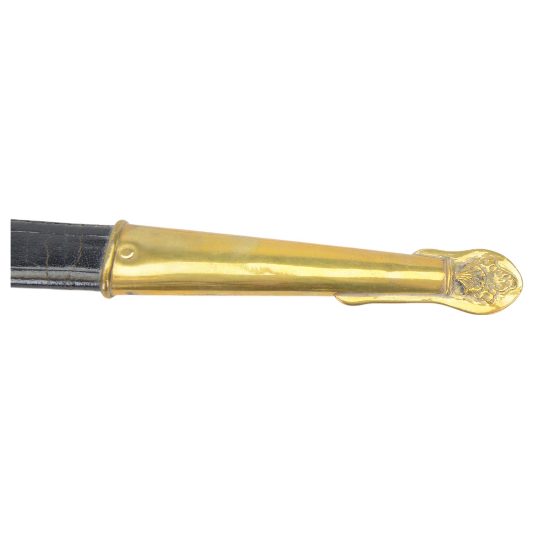 Reproduction 1870s French naval officers sword, with slightly curved single edge blade, brass hilt with dolphin quillon and anchor amidst a pierced floral hilt, wire bound grip, in brass mounted leather scabbard, overall L84cm