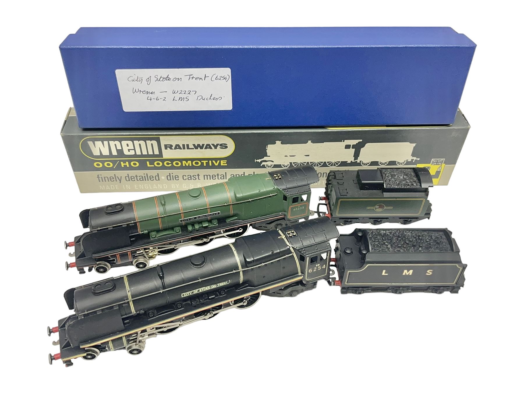 Wrenn '00' gauge - two Princess Coronation (Duchess Class) 4-6-2 locomotives - 'City of Birmingham' No.46235 in BR Green; boxed with tender and instructions; and 'City of Stoke-on-Trent' No.6254 in LMS lined black with associated plain blue box (2)