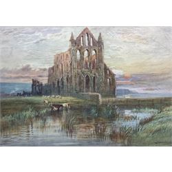 John Wynne Williams (British fl.1900-1920): Cattle Watering at Whitby Abbey, watercolour heightened with white signed 50cm x 73cm