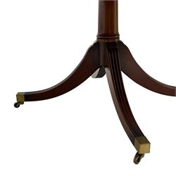 RBC Furniture (Made in England) - Georgian design mahogany dining table, rectangular top with rounded corners, satinwood and burr walnut bandings, two D-ends with two additional leaves and support rails, on barrel turned pedestals with four out-splayed reeded supports, brass cups and castors 