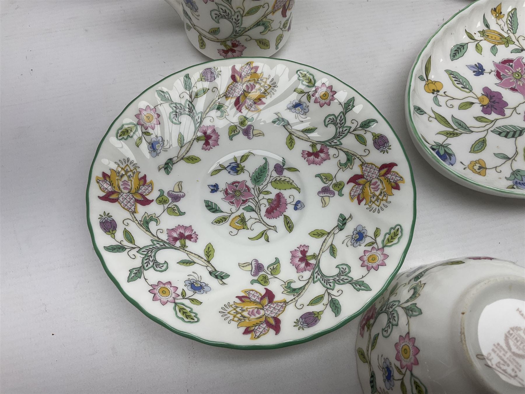 Minton Haddon Hall part tea service, including teapot, covered sucrier, milk jug, six teacups and saucers of various sizes, covered preserved jar, to vases etc (38)