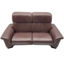 Ekornes Stressless - three-seat sofa upholstered in chocolate brown leather, with high backrests, cushioned headrests, and manual reclining mechanism (L248cm, D84cm, H102cm); with matching two-seat sofa (L184cm, D84cm, H102cm)