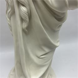 19th century Copeland Parian Ware figure, after R Monti, modelled as Lady Godiva, upon a circular titled plinth, signed and dated verso R Monti 1870, impressed to base Copyright Reserved Copeland, overall H22cm