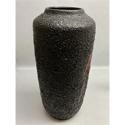  West German fat lava vase of shouldered form decorated with red horses on a pitted black lava ground, with impressed marks beneath, H45cm