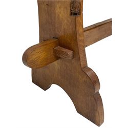 Gnomeman - oak side table, rectangular adzed top over two drawers, on shaped end end supports united by pegged stretcher, carved with gnome signature, by Thomas Whittaker, Littlebeck 