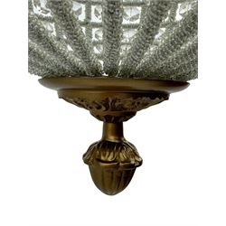 India Jane Interiors - set of three gilt metal and glass spherical ceiling light pendants, decorated with glass beads and pendants, foliage cast metal upper band, mounted by lower finial - ex-display/bankruptcy stock 