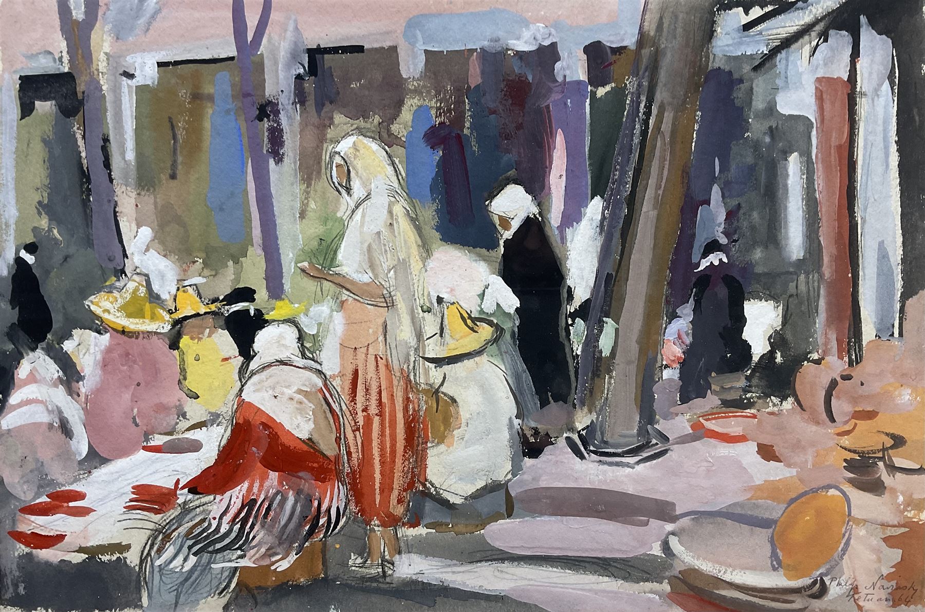 Philip Naviasky (British 1894-1983): 'Tetuan Market' - Madrid, gouache and pencil signed titled and dated '64, 38cm x 57cm