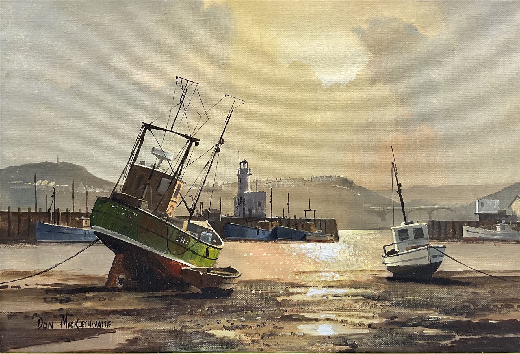 Don Micklethwaite (British 1936-): Scarborough Harbour, acrylic on canvas board signed 35cm x 50cm