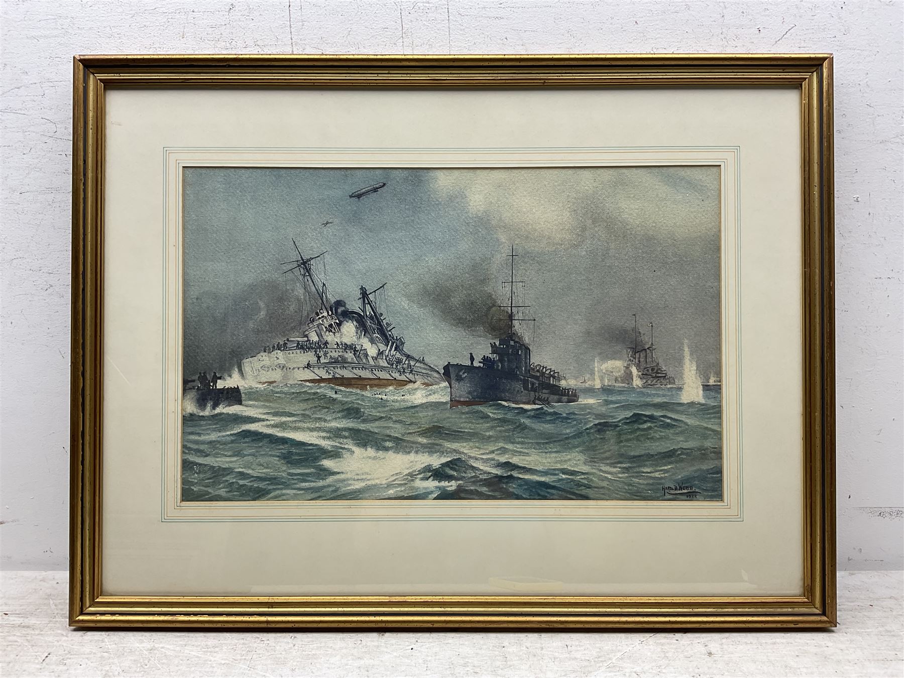 Harold Webb (British Early 20th century): Naval Battle Scene with Destroyer Warship, pair watercolours signed and dated 1922, 30cm x 49cm (2)