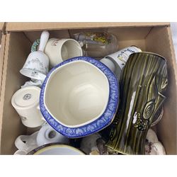Sadler Celery face pot, Noritake planter, Ringtons blue and white jar, Royal commemorative ware, and a collection of other ceramics, in two boxes 