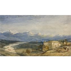 J Tucker (Early 19th century): The Alps with Farmhouse and Figures in the foreground, wate...