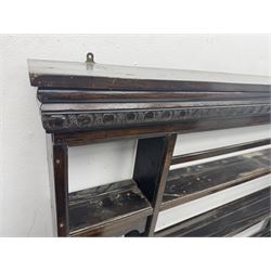 19th century oak delph rack, moulded cornice over four shelves 