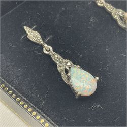 Pair of silver opal and marcasite pendant earrings, stamped 925, boxed 