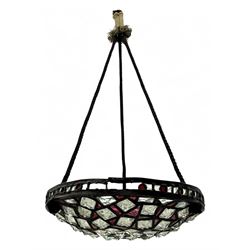 Early 20th century leaded clear and red rock glass type hanging light shade, of domed circ...