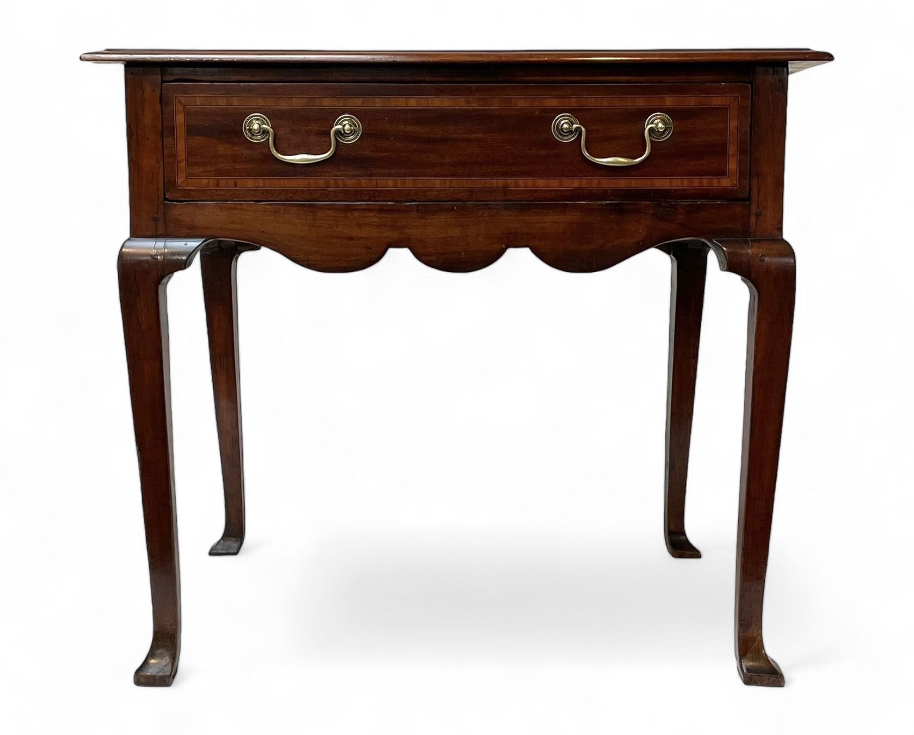 18th century and later inlaid mahogany and fruitwood low-boy, the moulded rectangular top with satinwood band, shaped frieze fitted with single drawer, on cabriole supports with angular feet