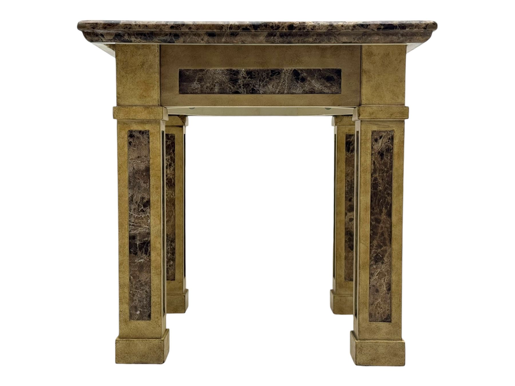 Square lamp table, variegated marble top, on square supports with block feet 