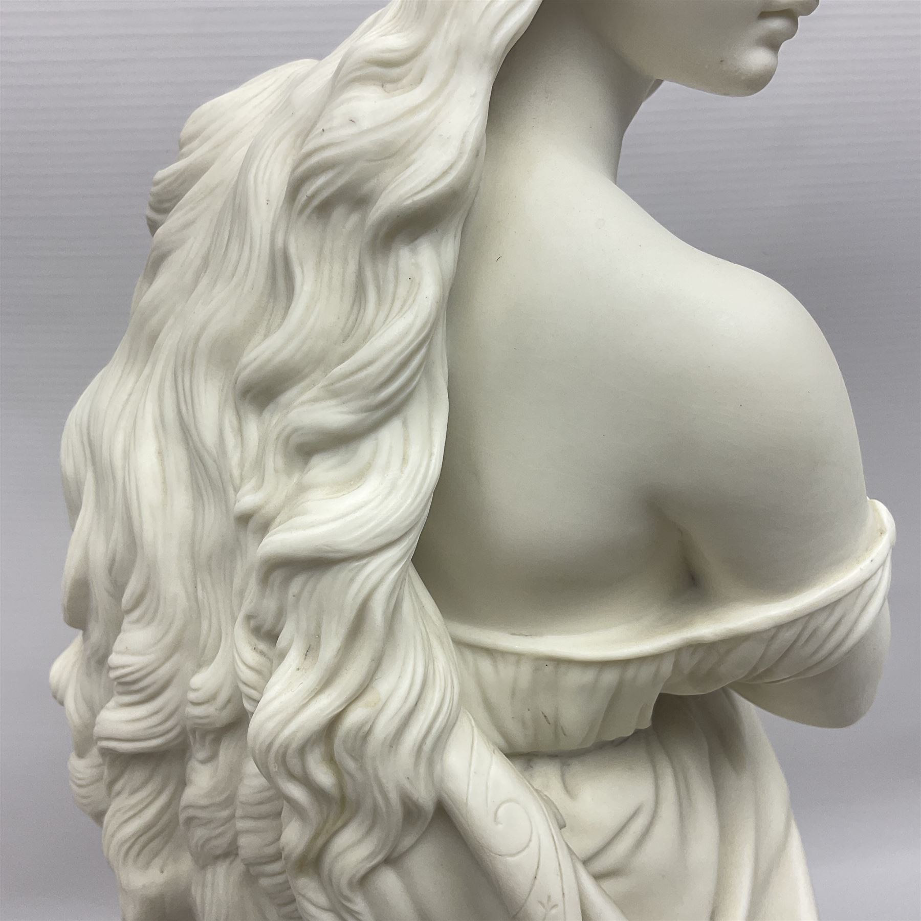 19th century Copeland Parian Ware figure, after R Monti, modelled as Lady Godiva, upon a circular titled plinth, signed and dated verso R Monti 1870, impressed to base Copyright Reserved Copeland, overall H22cm