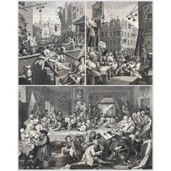 After William Hogarth (British 1697-1794): 'Beer Street and Gin Lane' and 'The Election', three 19th century engravings max 16cm x 14cm (3)