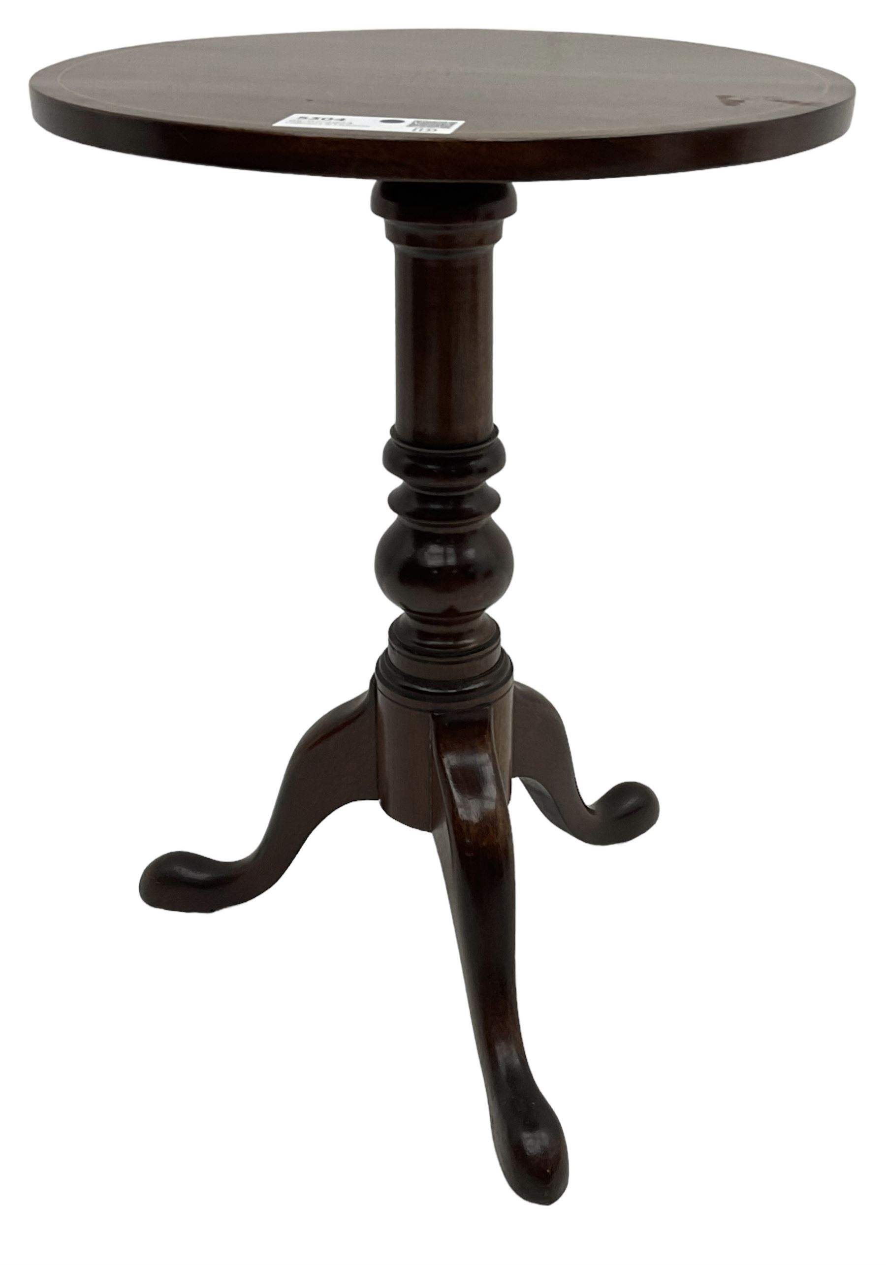 Georgian design inlaid mahogany wine table, circular top on turned pedestal, on three out splayed supports