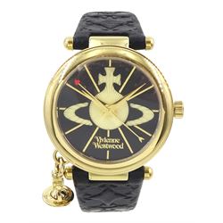 Vivienne Westwood Orb gold-plated quartz wristwatch, on original black leather strap, boxed