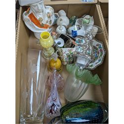 Silver plate coffee pot and sugar bowl, heavy glass vases, Napoleon bust, Pendelfins, and a collection of other ceramics, glassware and collectables, in three boxes 