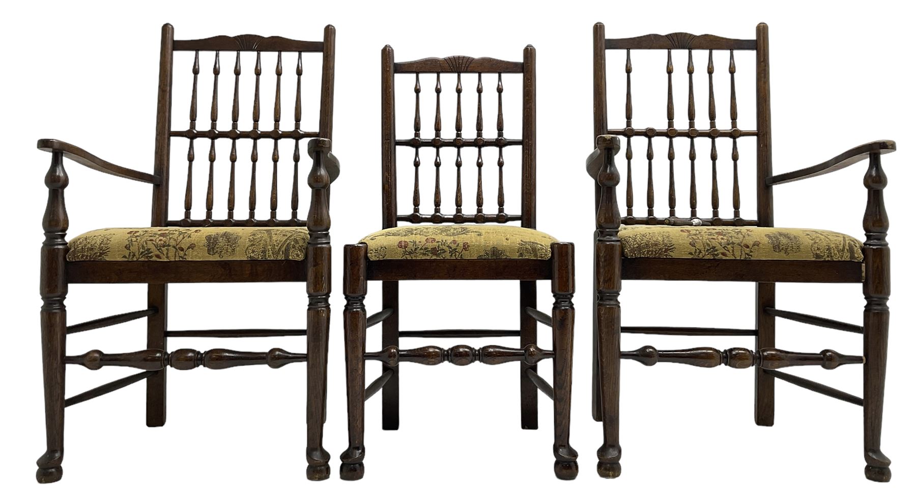 Set of six (4+2) 20th century oak spindle back dining chairs, with upholstered drop-on seat cushions, turned supports joined by turned stretchers