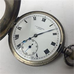 Early 20th century J.W Benson silver half hunter commemorative pocket watch, commemorating the coronation of King George VI, engraved verso with crowned GR VI cipher dated 1937, with white enamel Roman numeral dial and Arabic numeral subsidiary seconds dial, the silver case with blue enamel Roman numeral chapter ring surrounding glazed cover, hallmarked