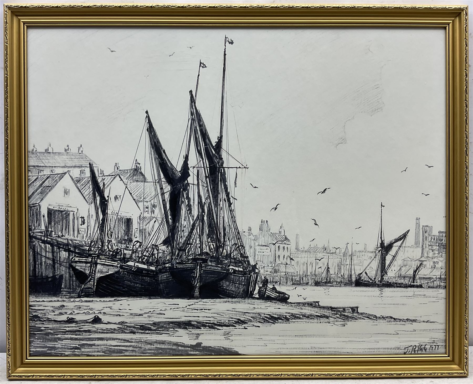 Jack Rigg (British 1927-2023): 'Laid Up' - Sailing Barges on the Thames, monochrome pen and ink signed and dated 1977, titled verso 59cm x 75cm