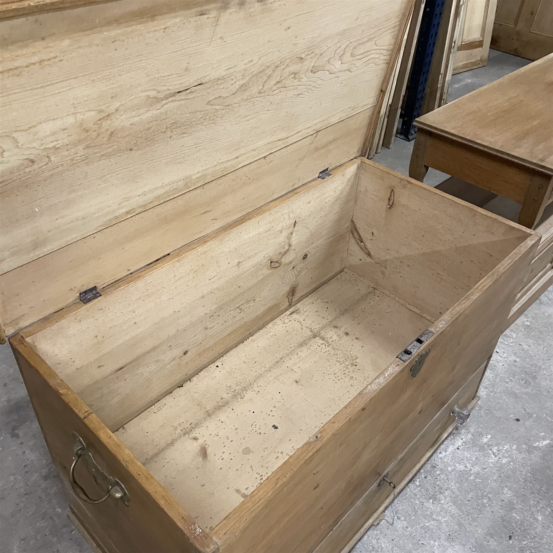 Victorian pine mule chest, rectangular moulded hinged lid, fitted with single drawer, brass carrying handles to each side, on turned feet - THIS LOT IS TO BE COLLECTED BY APPOINTMENT FROM THE OLD BUFFER DEPOT, MELBOURNE PLACE, SOWERBY, THIRSK, YO7 1QY