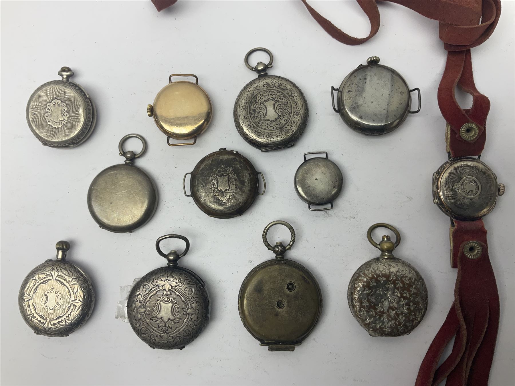 Collection of silver fob watches and wristwatches, some examples with enamel dials, together with silver plated examples 