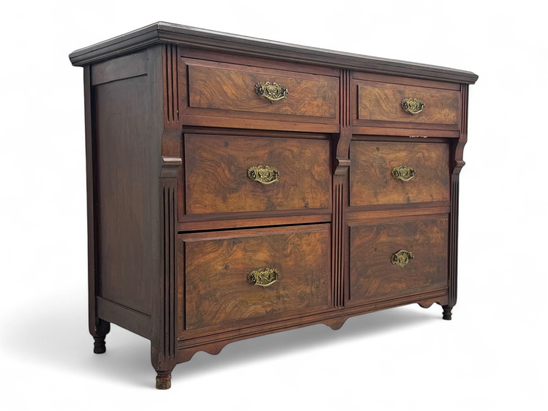 Late Victorian walnut chest, moulded rectangular top over six drawers, fluted uprights 