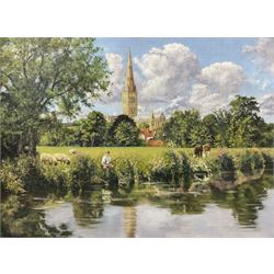 Stephen Park (British 1962-): Salisbury Cathedral from the River, oil on canvas signed 45cm x 60cm