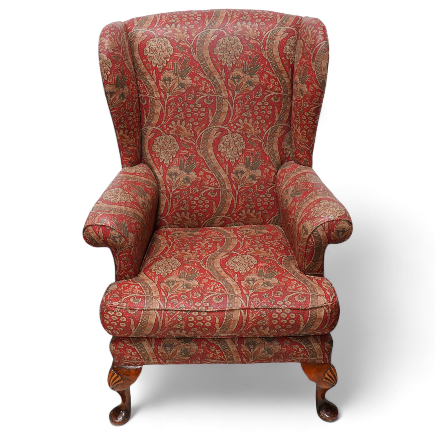 Three-piece lounge suite - pair of armchairs with rolled arms (W85cm, H74cm, D95cm); wingback armchair on cabriole feet (W74cm, H97cm, D73cm), upholstered in crimson ground floral pattern fabric 