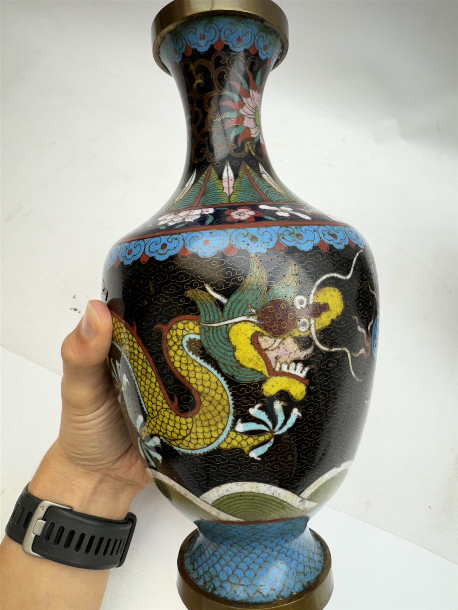 Pair of Japanese cloisonné vases of baluster form, decorated with dragons chasing a flaming pearl, H26cm 