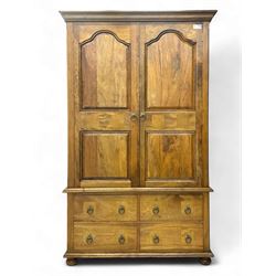 Contemporary mango wood double wardrobe, projecting moulded cornice above two panelled cup...