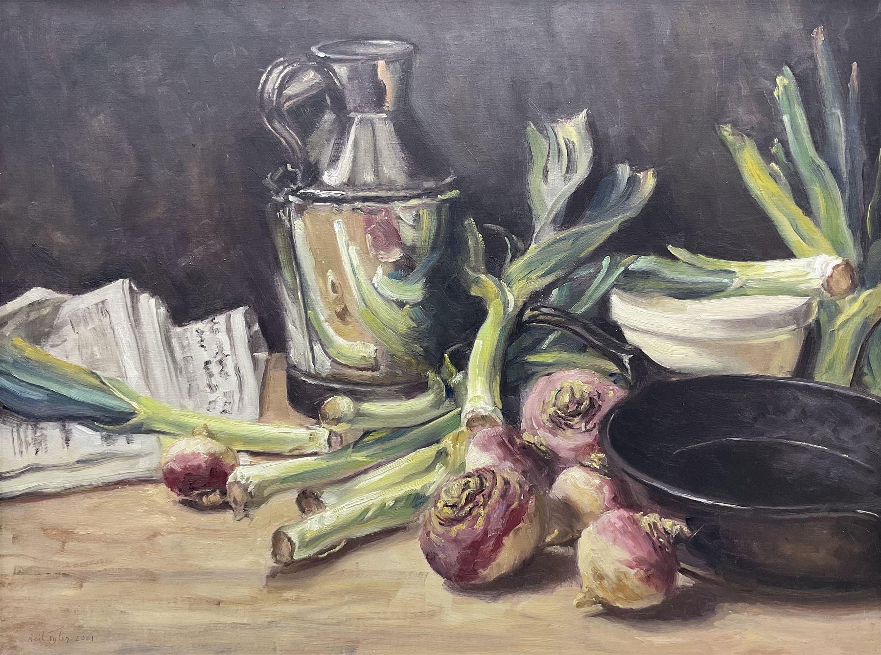 Neil Tyler (British 1945-): Still Life 'Leeks and Swedes', oil on canvas signed and dated 2001, titled verso 59.5cm x 79.5cm
